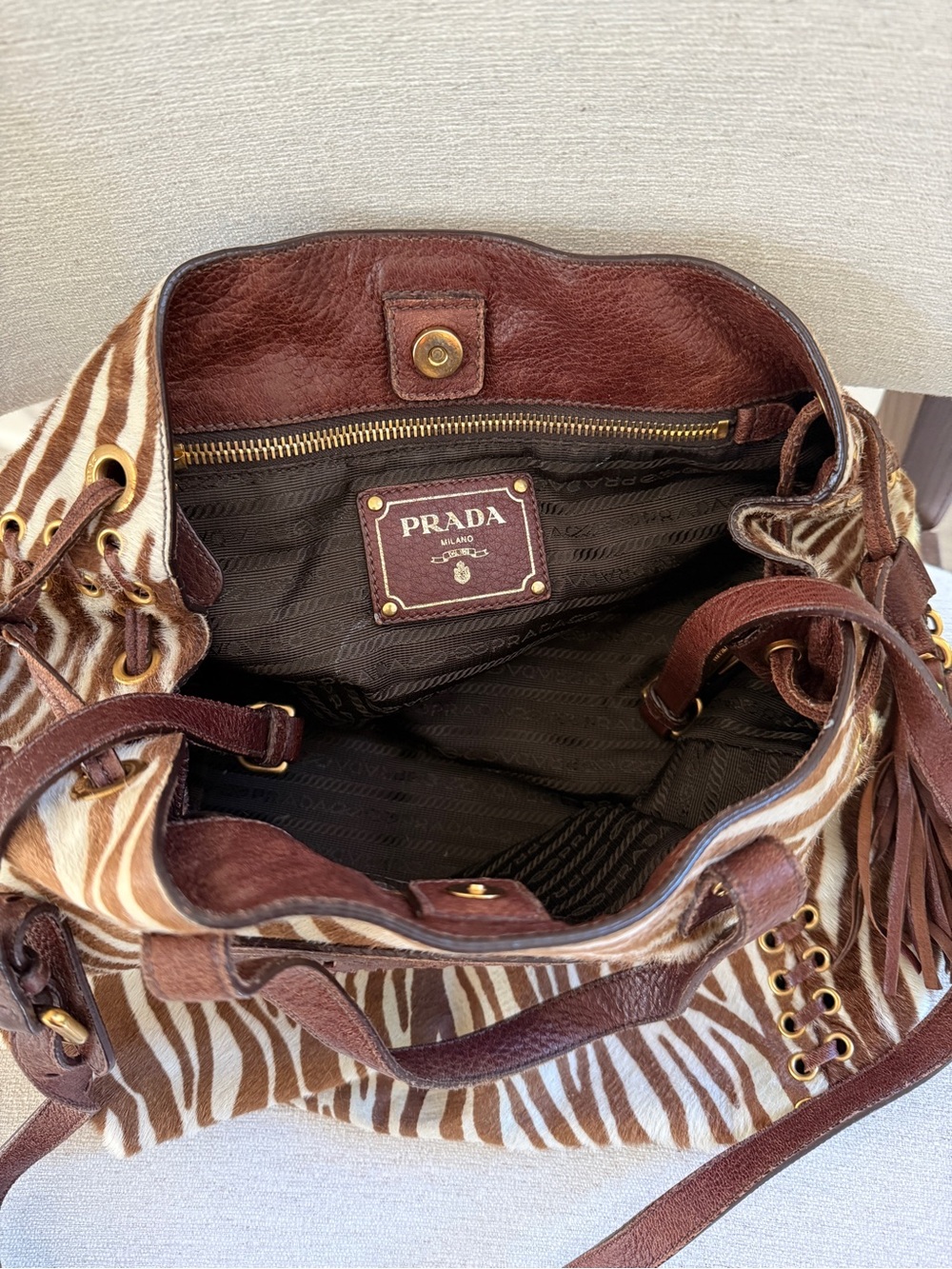 Prada Zebra Pony Hair Calf Hair Leather Tote Shoulder Bag Brown Gold Tassel - Picture 13 of 14